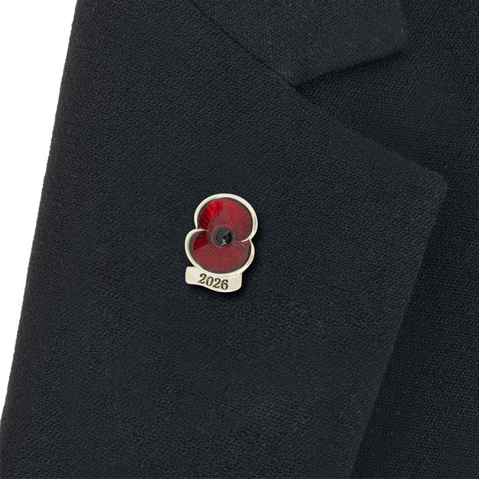 2026 Dated Poppy Lapel Pin in Gold Tone on Lapel