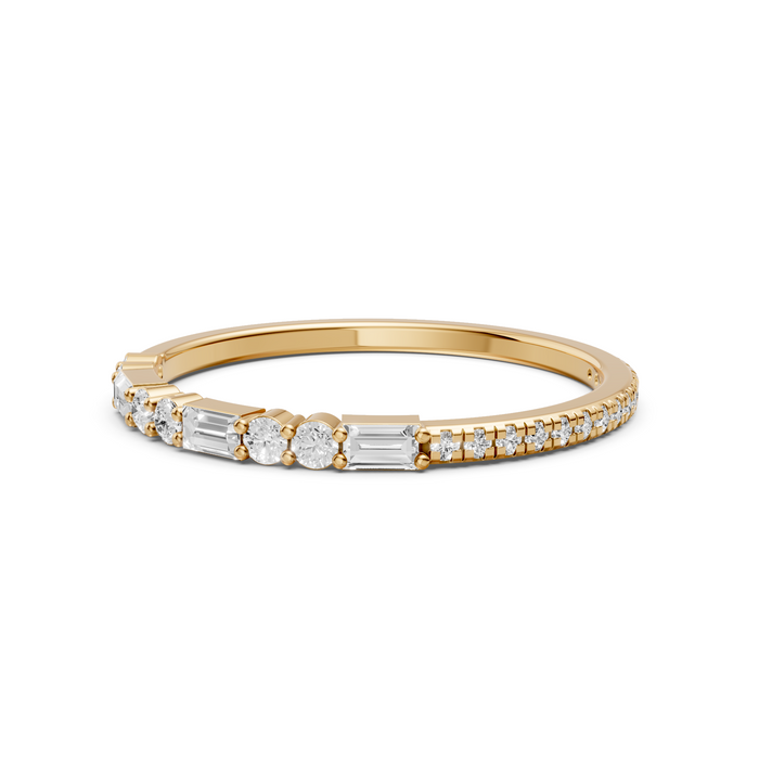 Baguette & Round  Diamond Delicate Solid Gold Stacking Band