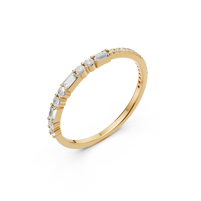 Baguette & Round  Diamond Delicate Solid Gold Stacking Band