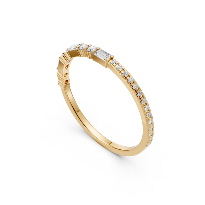 Baguette & Round  Diamond Delicate Solid Gold Stacking Band