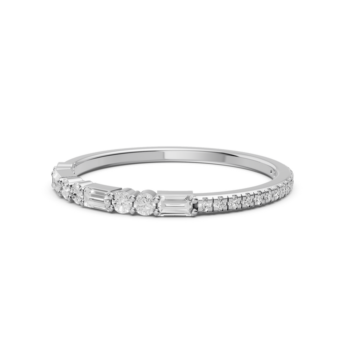 Baguette & Round  Diamond Delicate Solid Gold Stacking Band