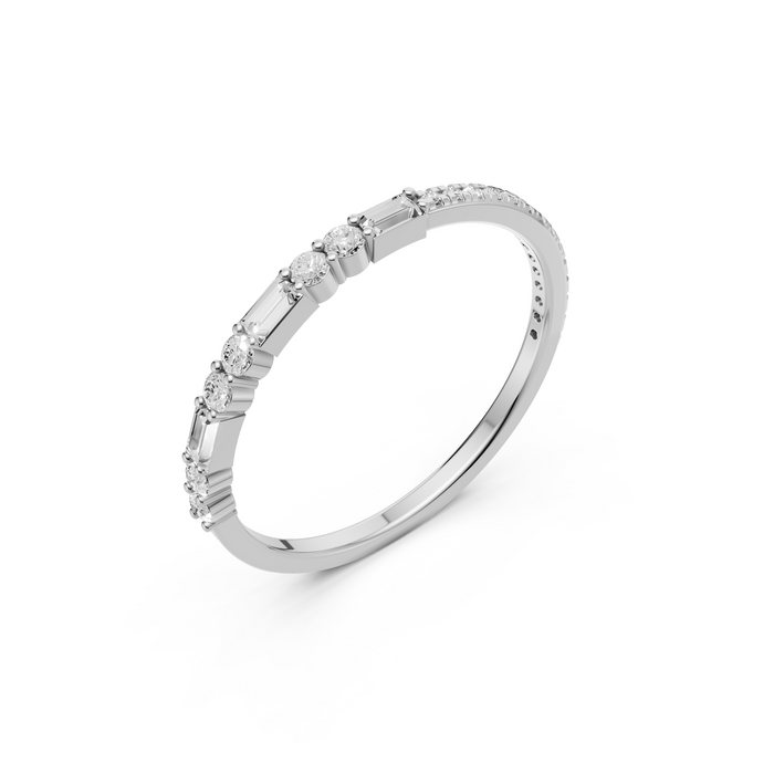 Baguette & Round  Diamond Delicate Solid Gold Stacking Band
