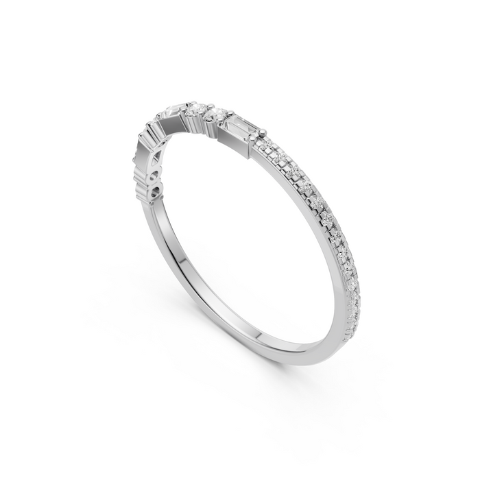 Baguette & Round  Diamond Delicate Solid Gold Stacking Band