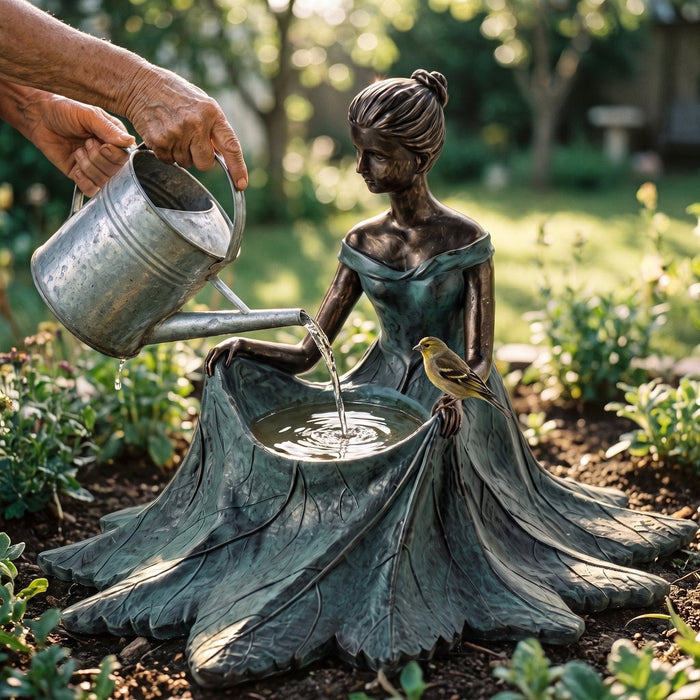 Pouring water into the bronze bird bath from a watering can, a finch waiting