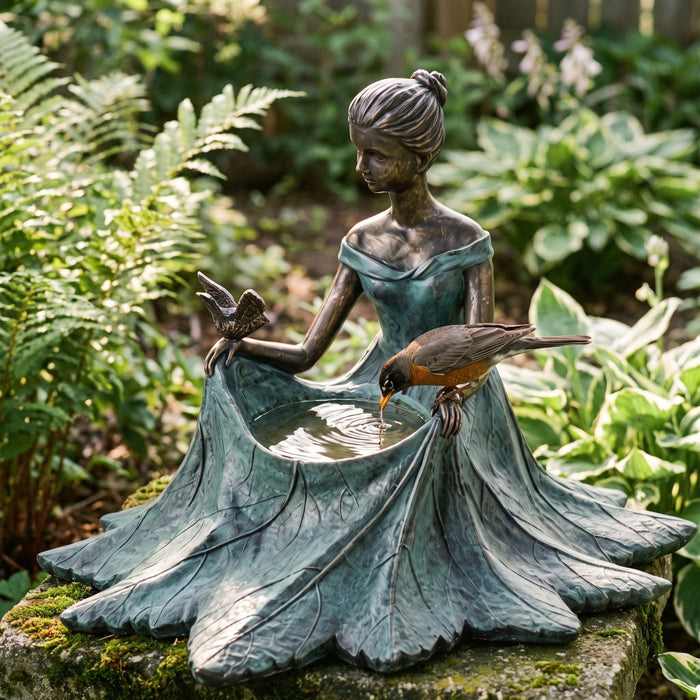 A robin drinking from the bronze bird bath on mossy stone