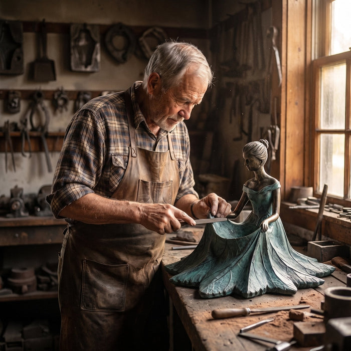Cal Renner finishing the bronze bird bath by hand in his workshop