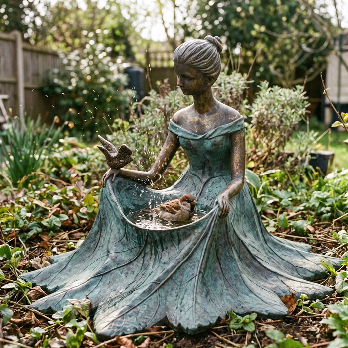 A sparrow bathing in the bronze bird bath, water splashing