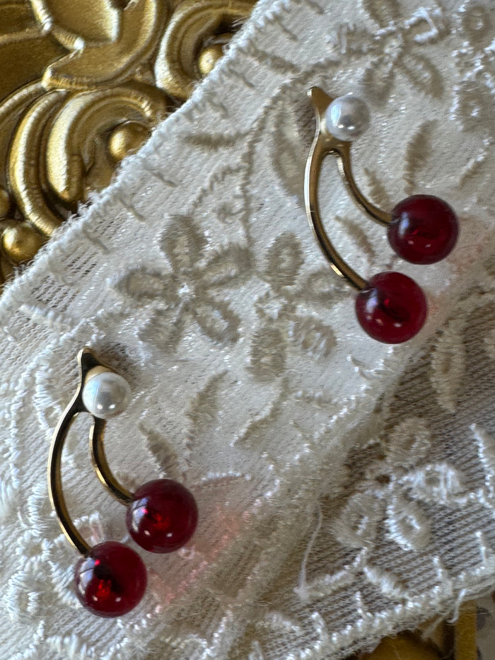 Cherry-Themed Pearl & Red Bead Drop Earrings