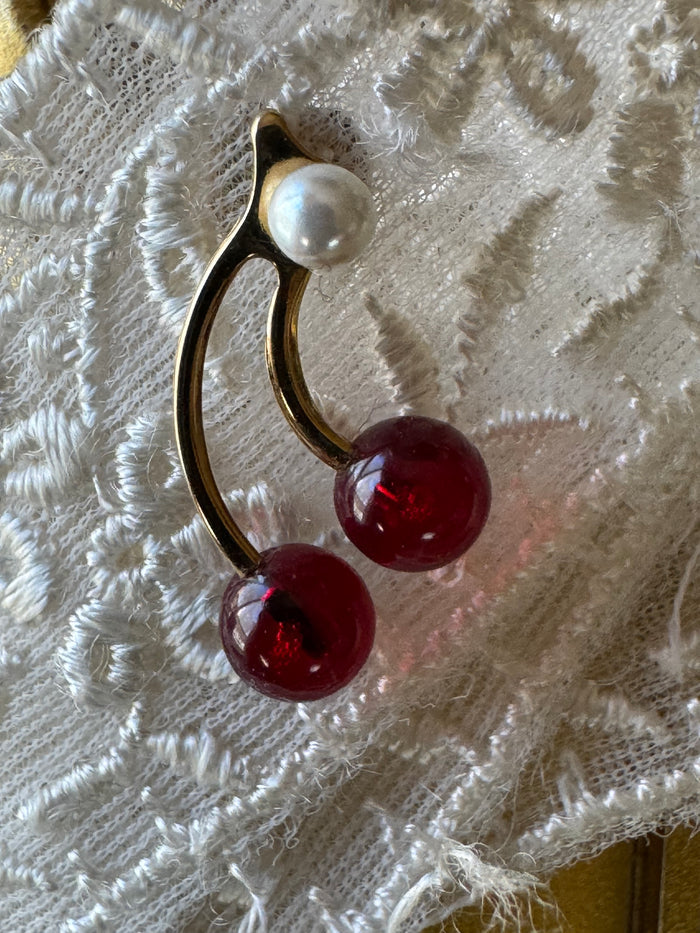 Cherry-Themed Pearl & Red Bead Drop Earrings