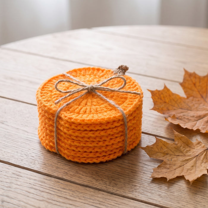 All eight pumpkin coasters stacked and tied with jute twine, the way the set arrives