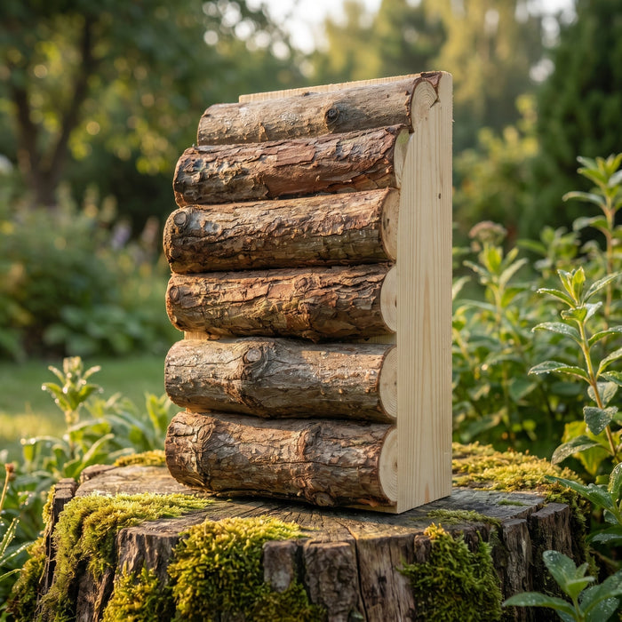 Earl's hand-built bat house standing on a mossy stump in a garden at golden morning light