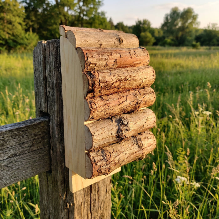 Bat house mounted on a weathered fence post at the edge of a meadow