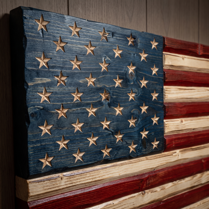Close-up of the hand-carved 50-star field