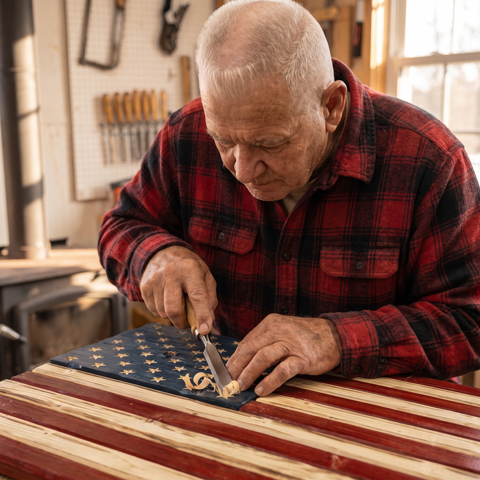 Earl carving a star into the blue canton with a chisel