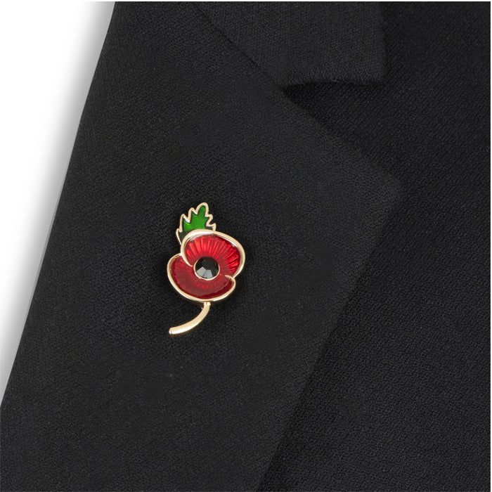 Flanders Field Poppy Jet Centre with Leaf Pin