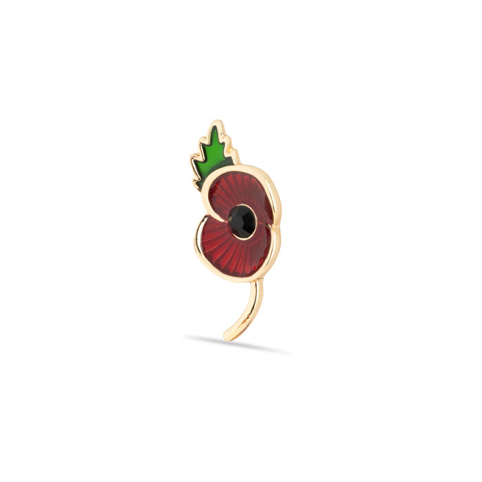 Flanders Field Poppy Jet Centre with Leaf Pin
