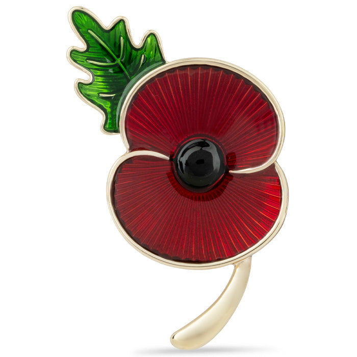 Flanders Field Poppy with Stem & Leaf Brooch