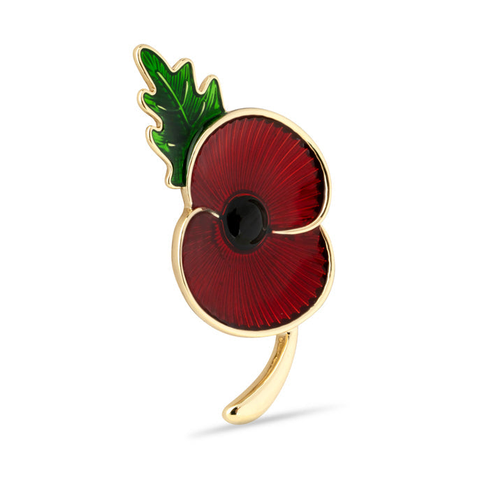 Flanders Field Poppy with Stem & Leaf Brooch