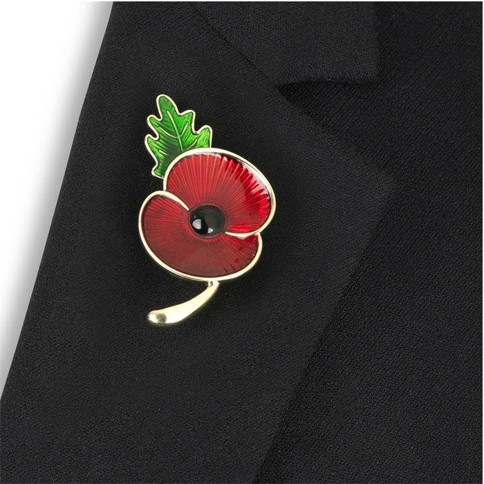 Flanders Field Poppy with Stem & Leaf Brooch