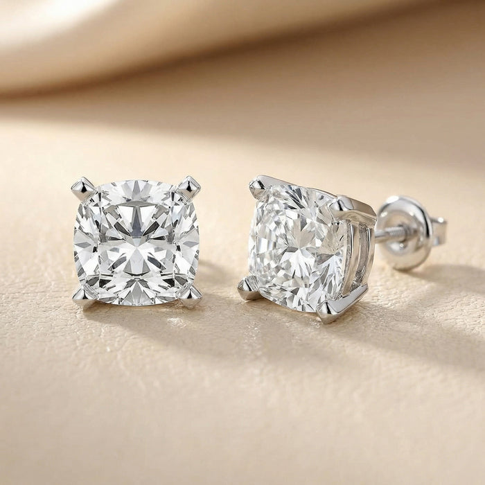Cushion Cut Lab Grown Diamond Stud Earrings in Silver Front View