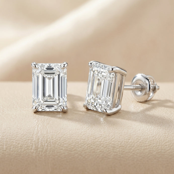 Emerald Cut Lab Grown Diamond Stud Earrings in Silver Four Prong Setting
