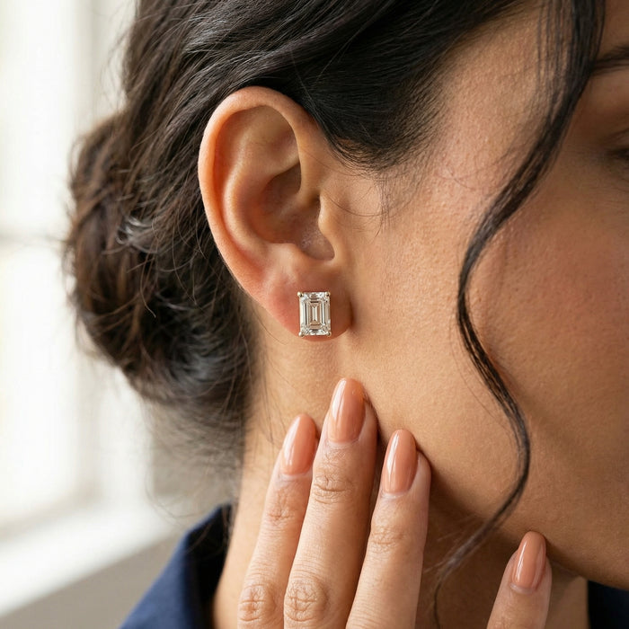 Emerald Cut Lab Grown Diamond Stud Earrings in Silver Four Prong Setting