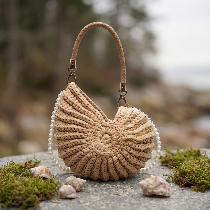 Tillett shell handbag with pearl strap on driftwood