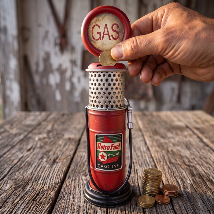 A hand dropping a coin into the slot on top of the gas pump coin bank