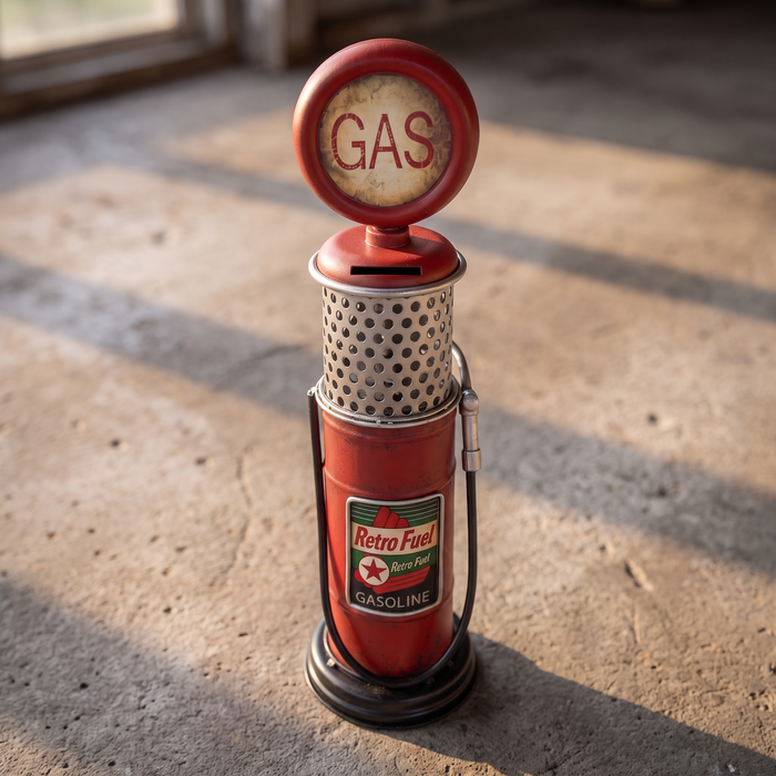 Gas pump coin bank showing the coin slot on top