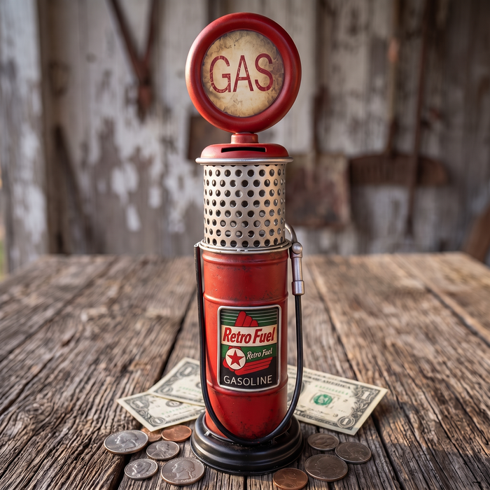 Gas pump coin bank with coins and dollar bills, a working money bank