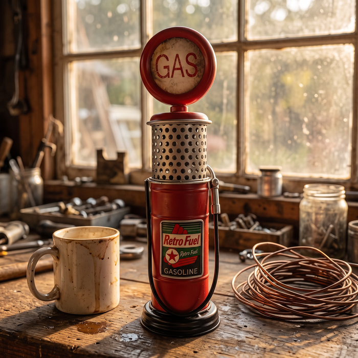 Red gas pump coin bank on a garage workbench