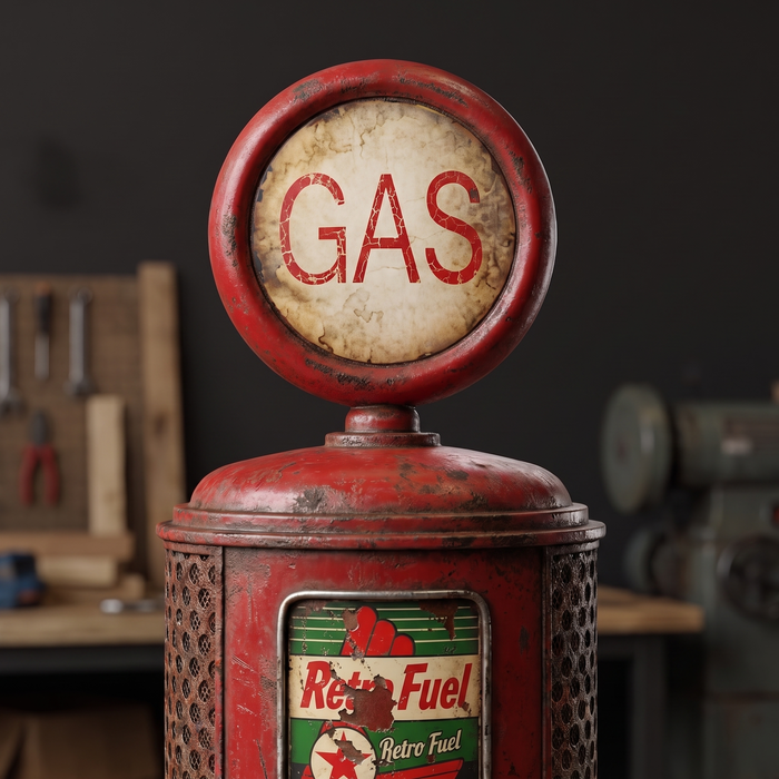 Close-up of the worn GAS globe and Retro Fuel label