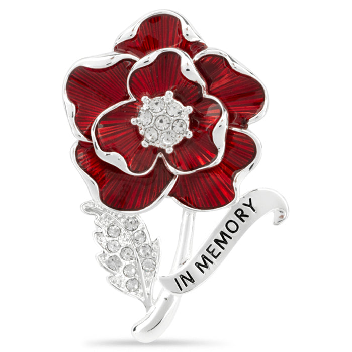 In Memory Scroll Crystal Leaf Poppy Brooch
