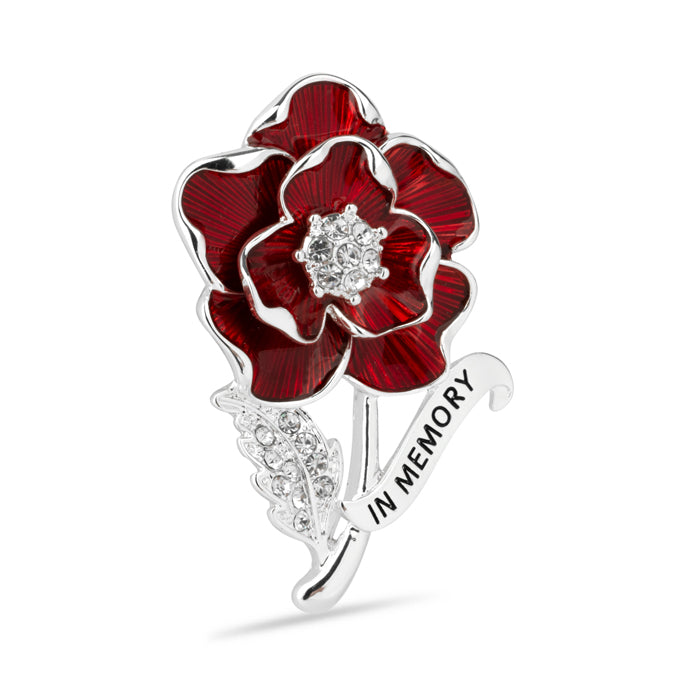 In Memory Scroll Crystal Leaf Poppy Brooch