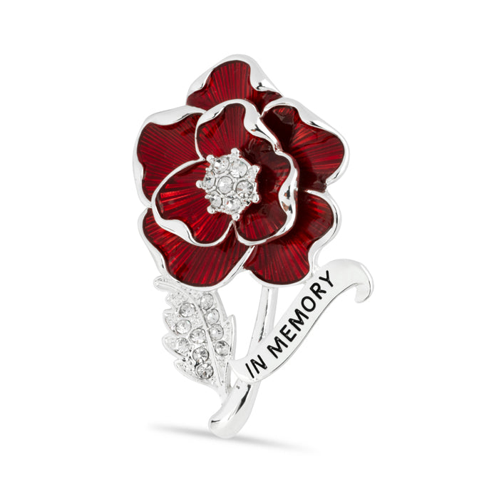 In Memory Scroll Crystal Leaf Poppy Brooch