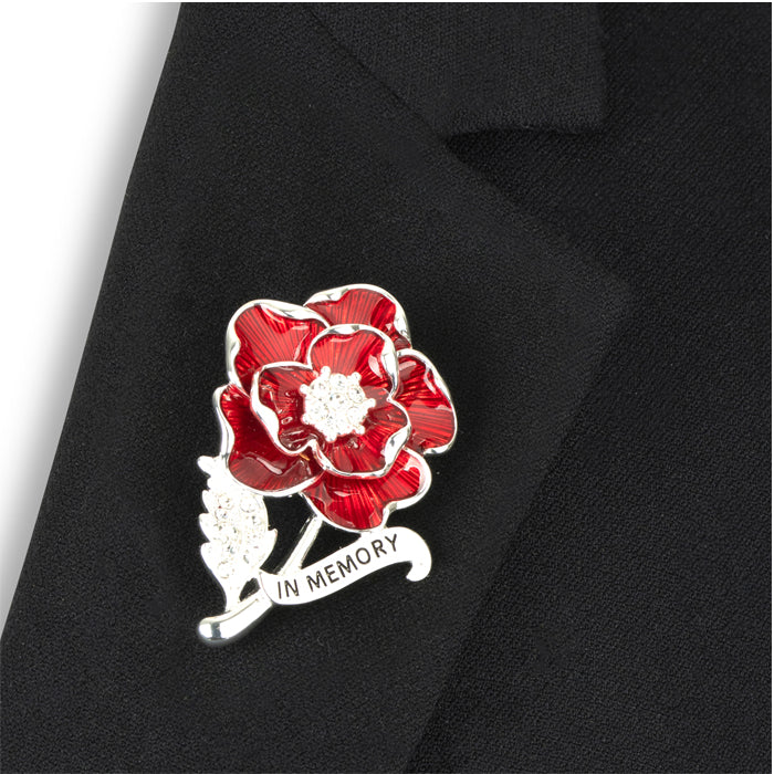 In Memory Scroll Crystal Leaf Poppy Brooch