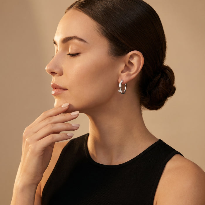 Emerald Cut Lab Grown Diamond Huggie Hoop Earrings in Silver