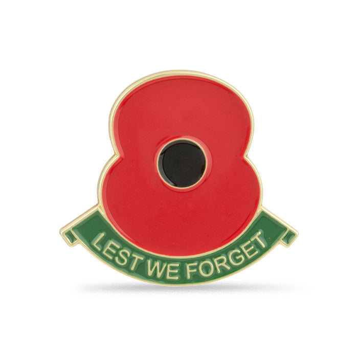 Lest We Forget Green Scroll Poppy Lapel Pin