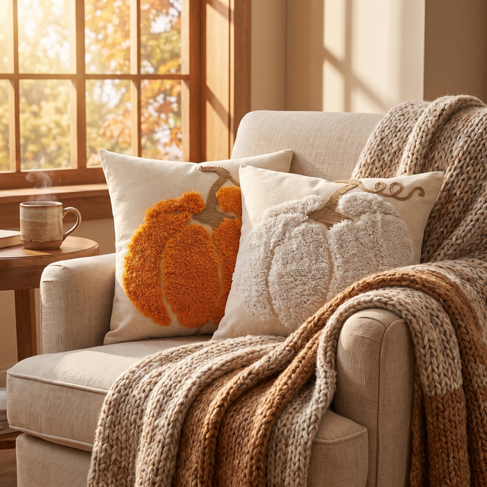 Pumpkin cushion covers styled on a linen armchair with a knit throw