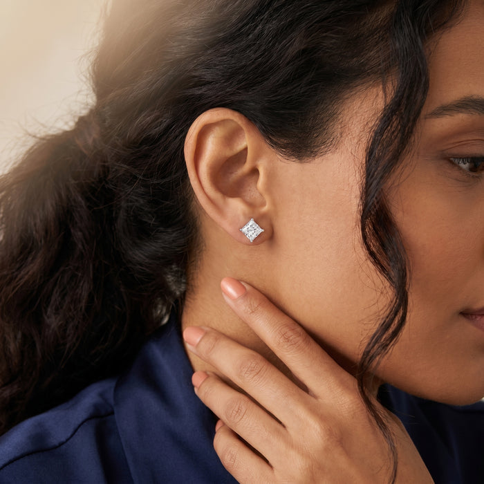 Princess Cut Lab Grown Diamond Stud Earrings in Silver