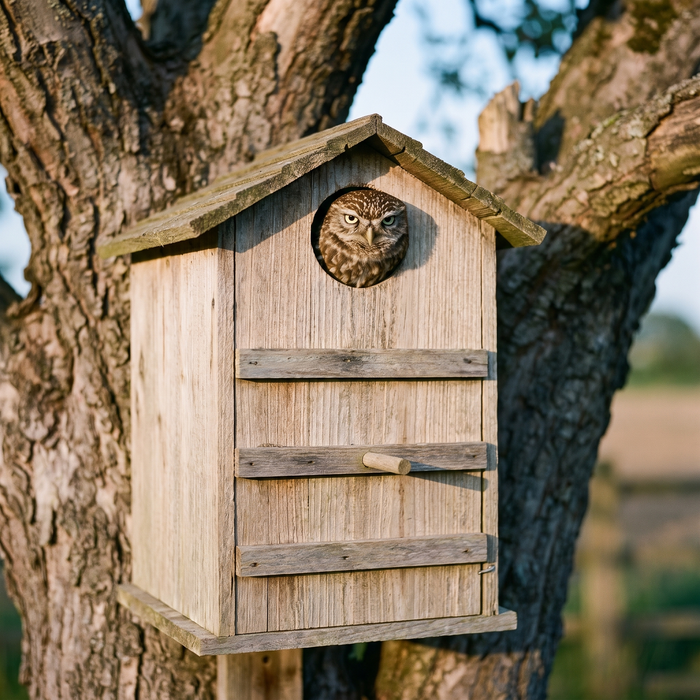 A little owl looking out of the entrance hole of the mounted owl box