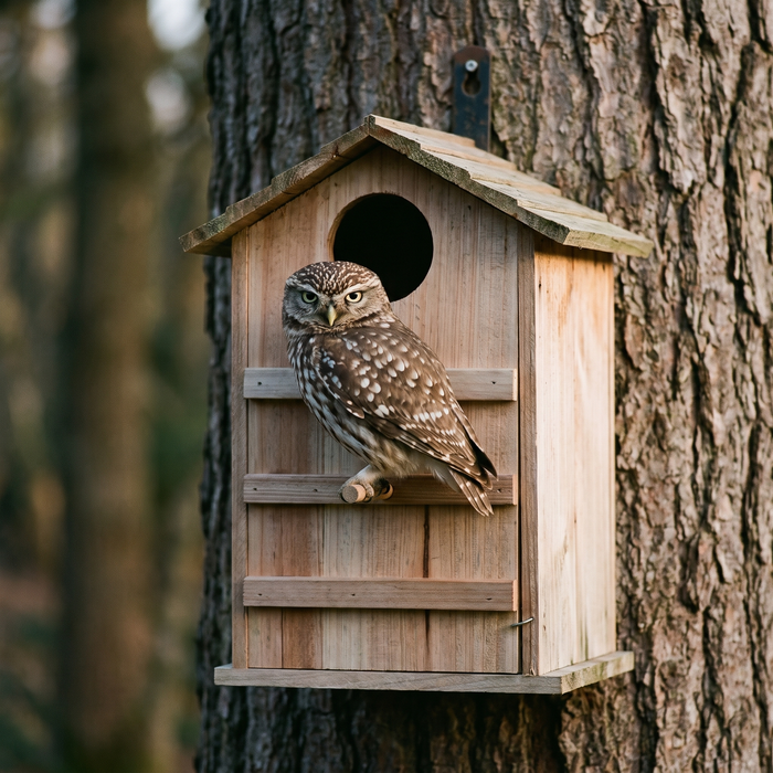 A little owl gripping the dowel perch rail on the front of the box