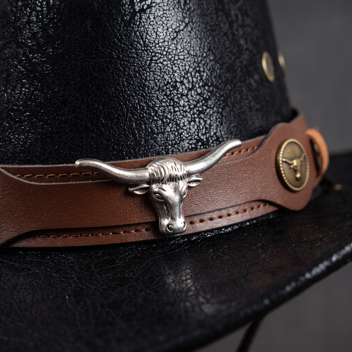 Cast silver longhorn buckle and antique brass concho on the stitched hatband
