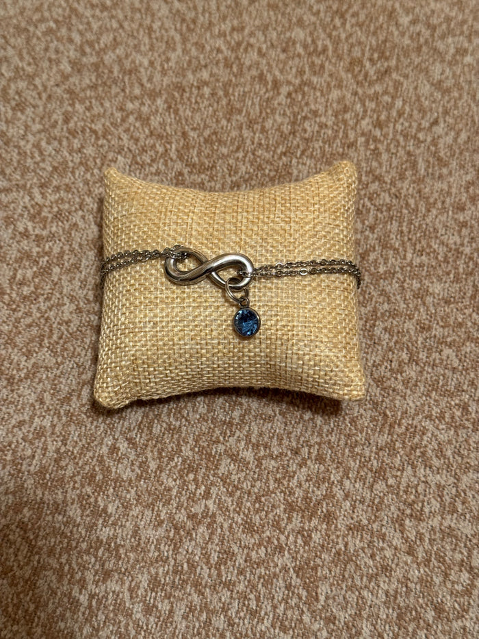 Stainless Steel Infinity Bracelet with Blue Crystal Charm – Double Strand