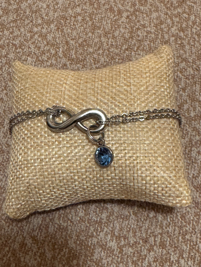 Stainless Steel Infinity Bracelet with Blue Crystal Charm – Double Strand