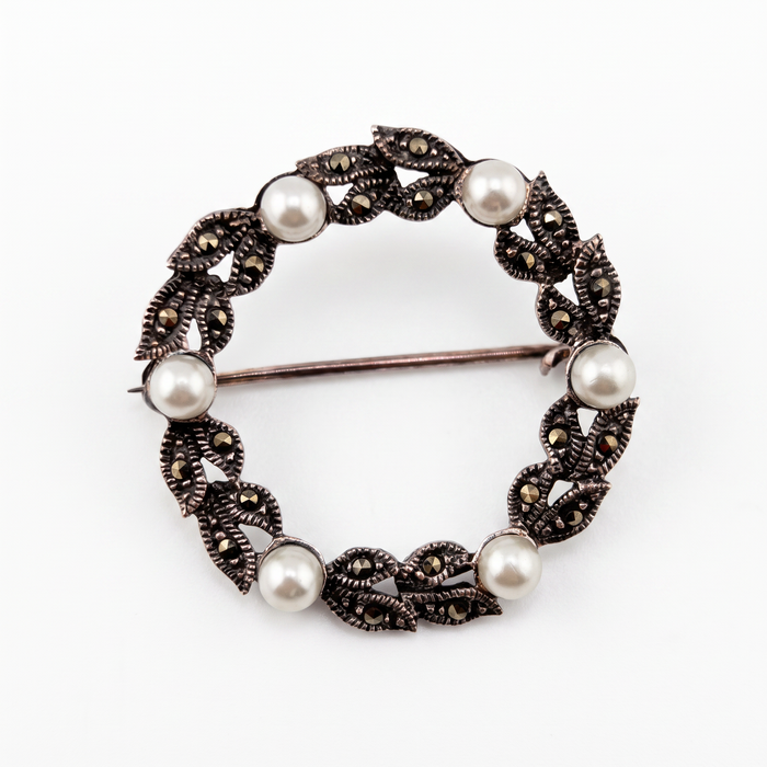 Sterling Silver Pearl & Marcasite Brooch Pin
