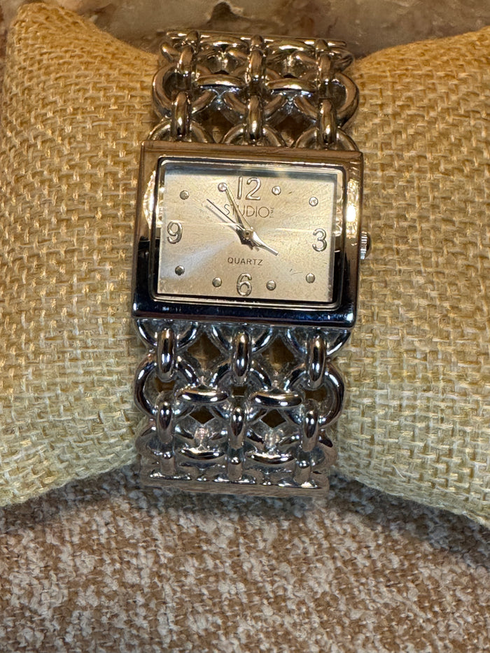 Studio Time Women’s Quartz Watch – Rectangular Silver Face with Chain-Link Cuff