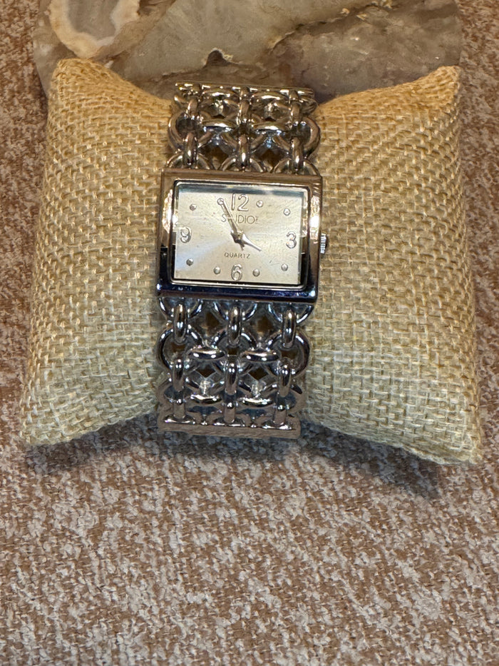 Studio Time Women’s Quartz Watch – Rectangular Silver Face with Chain-Link Cuff