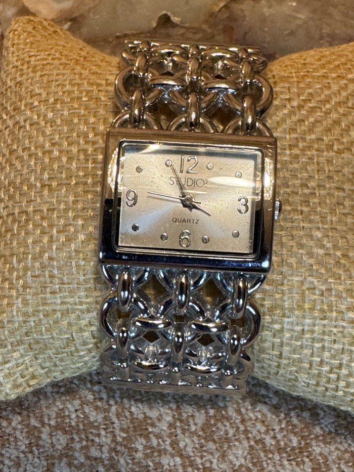 Studio Time Women’s Quartz Watch – Rectangular Silver Face with Chain-Link Cuff