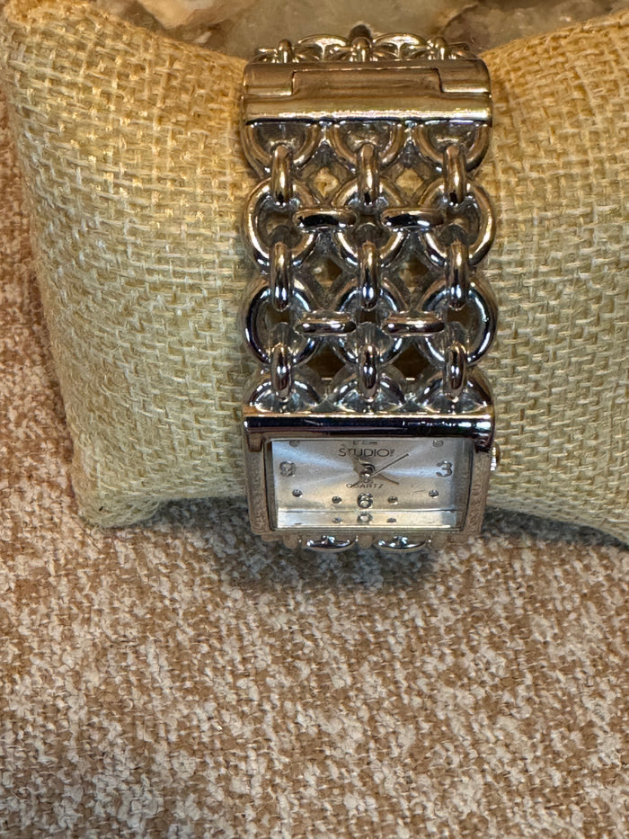 Studio Time Women’s Quartz Watch – Rectangular Silver Face with Chain-Link Cuff
